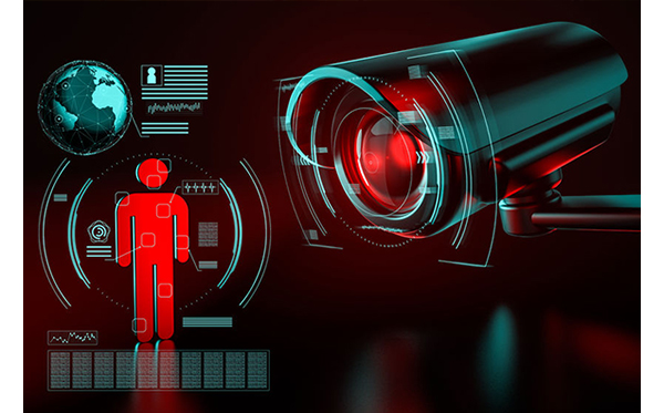 Stylized camera pointing at a personified character. Symbols and icons symbolizing personal information appear around the individual.